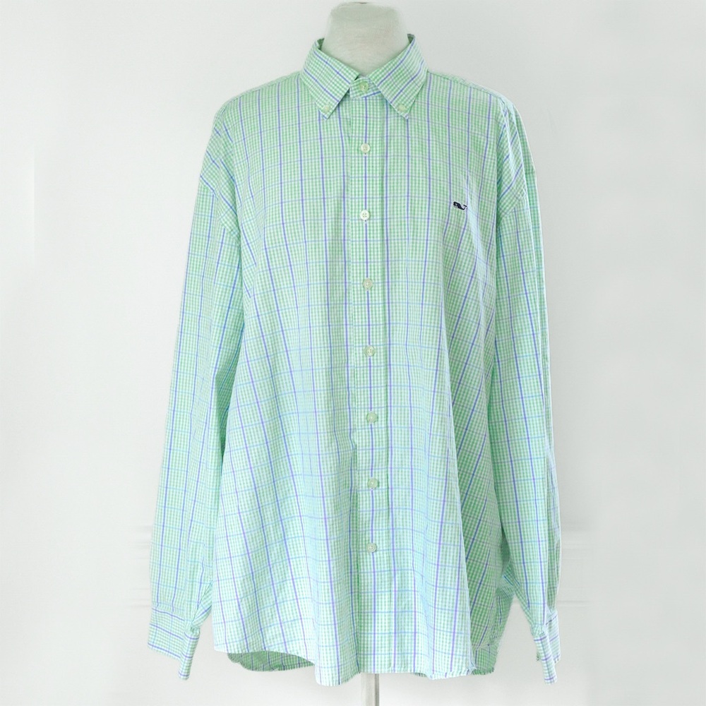 Vineyard Vines Men’s Whale Shirt Long Sleeve Button Down Green Gingham Size XL